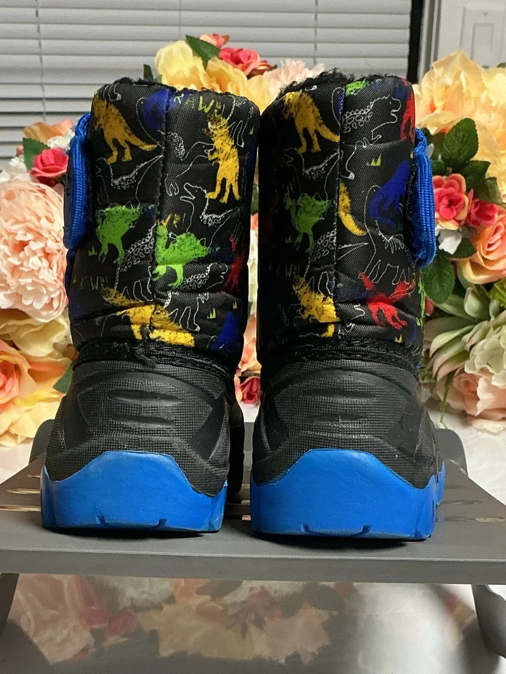 US Sports Toddler Snow Boots Size 8 Black Blue Dinosaur Print Winter Faux Fur